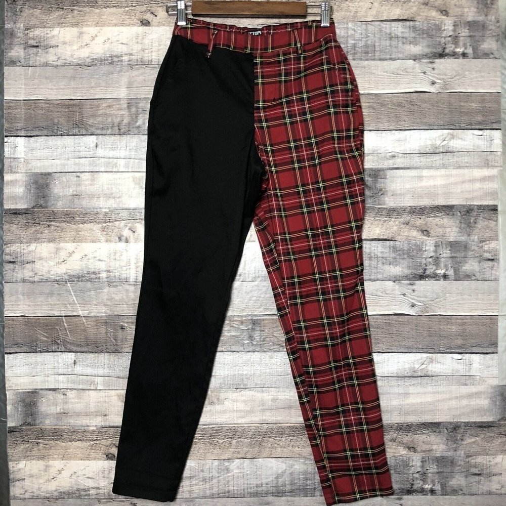 Hot Topic Black Red Plaid Split Leg Pants Sz XS  Zip Fly with Elastic Waist